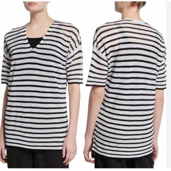 Eileen Fisher Organic Linen Crepe Striped V Neck Tee Top Medium Black White - Picture 10 of 10